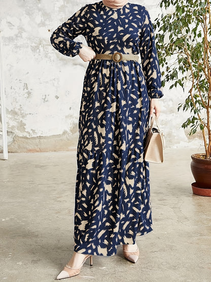 Allover Print Crew Neck Modest Dress, Elegant Long Sleeve Maxi Dress For Spring & Fall, Women's Clothing - NEXTRENDBAHRAIN