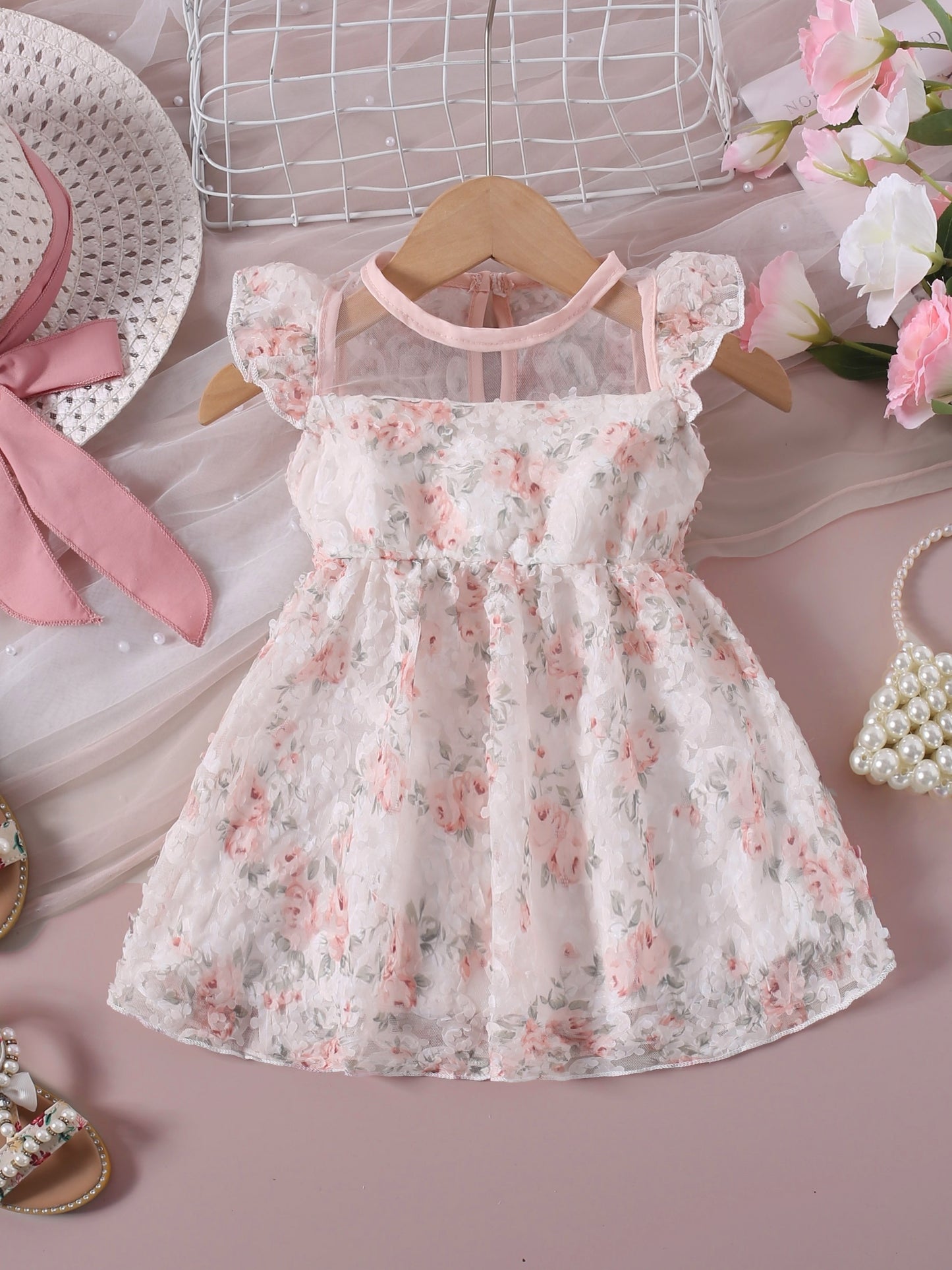 Baby's Elegant Flower Pattern Applique Mesh Flying Sleeve Dress, Infant & Toddler Girl's Clothing For Daily Wear/Holiday/Party, As Gift - NEXTRENDBAHRAIN