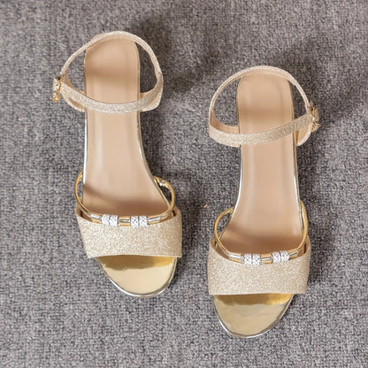 Women's Solid Color Elegant Sandals, Ankle Buckle Strap Rhinestone Beaded Chunky Heels, Versatile Slingback Dressy Shoes - NEXTRENDBAHRAIN