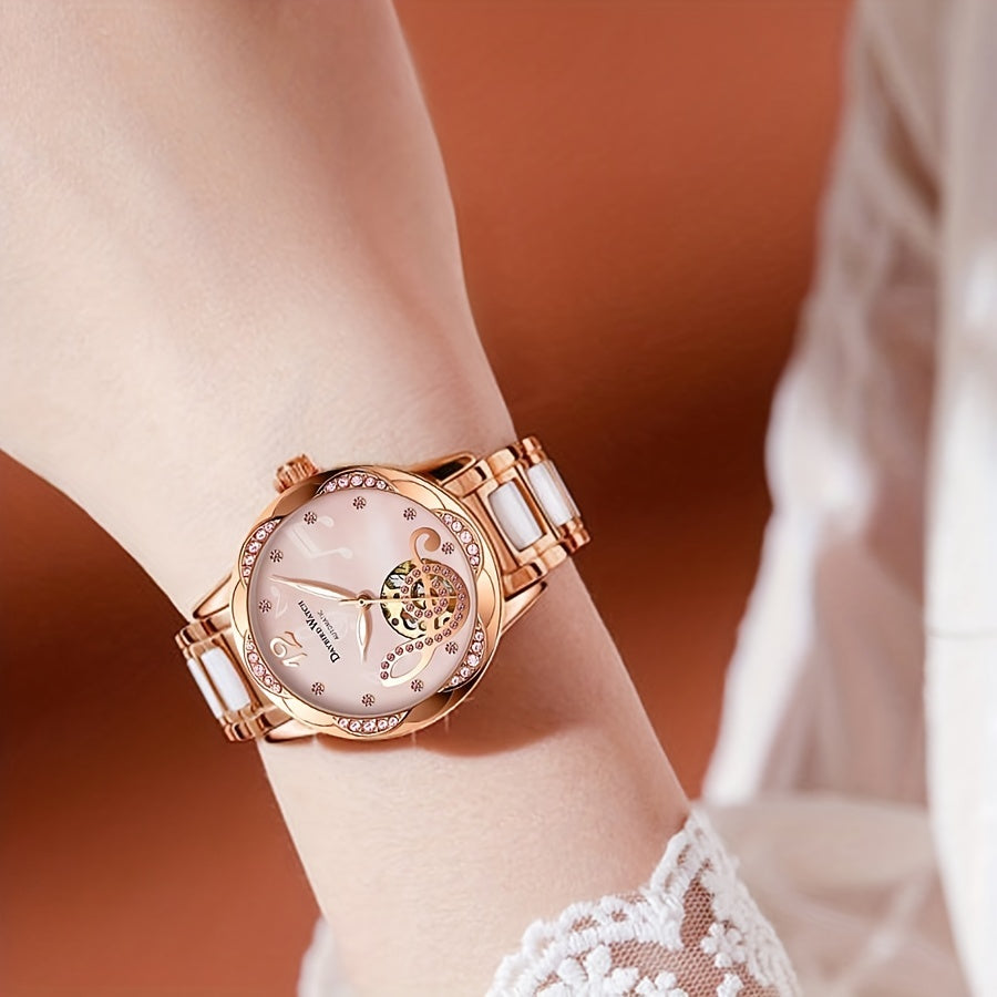 A rose Golden white women's alloy elegant casual style hollowed out mechanical watch - NEXTRENDBAHRAIN