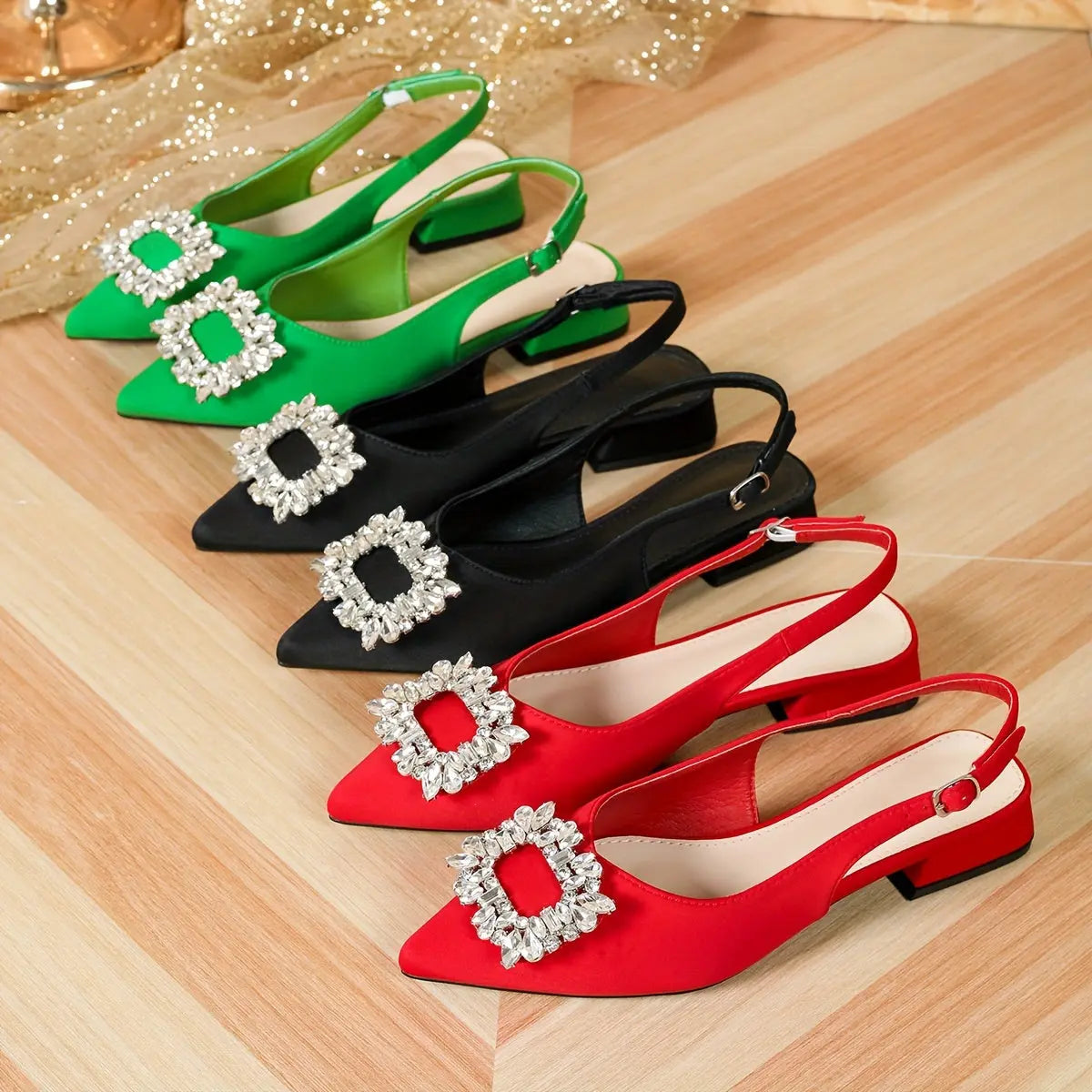 Women's Rhinestone Square Buckle Decor Chunky Heels, Elegant Pointed Toe Ankle Strap Shoes, Women's Slingback Shoes - NEXTRENDBAHRAIN