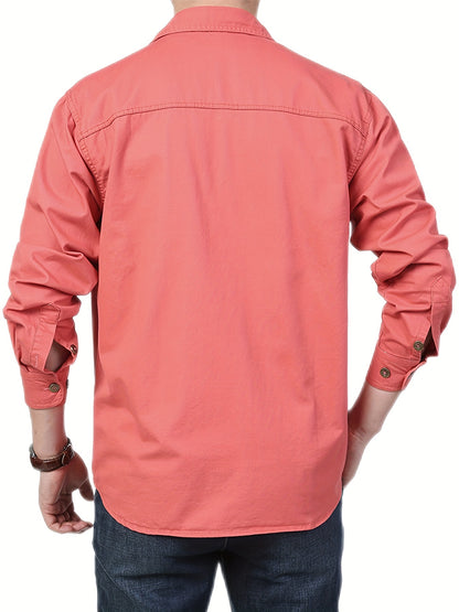 Cotton Comfy Solid Men's Cargo Style Long Sleeve Button Down Shirt With Flap Pockets, Spring Fall Thin Shirt Jacket NEXTRENDBAHRAIN