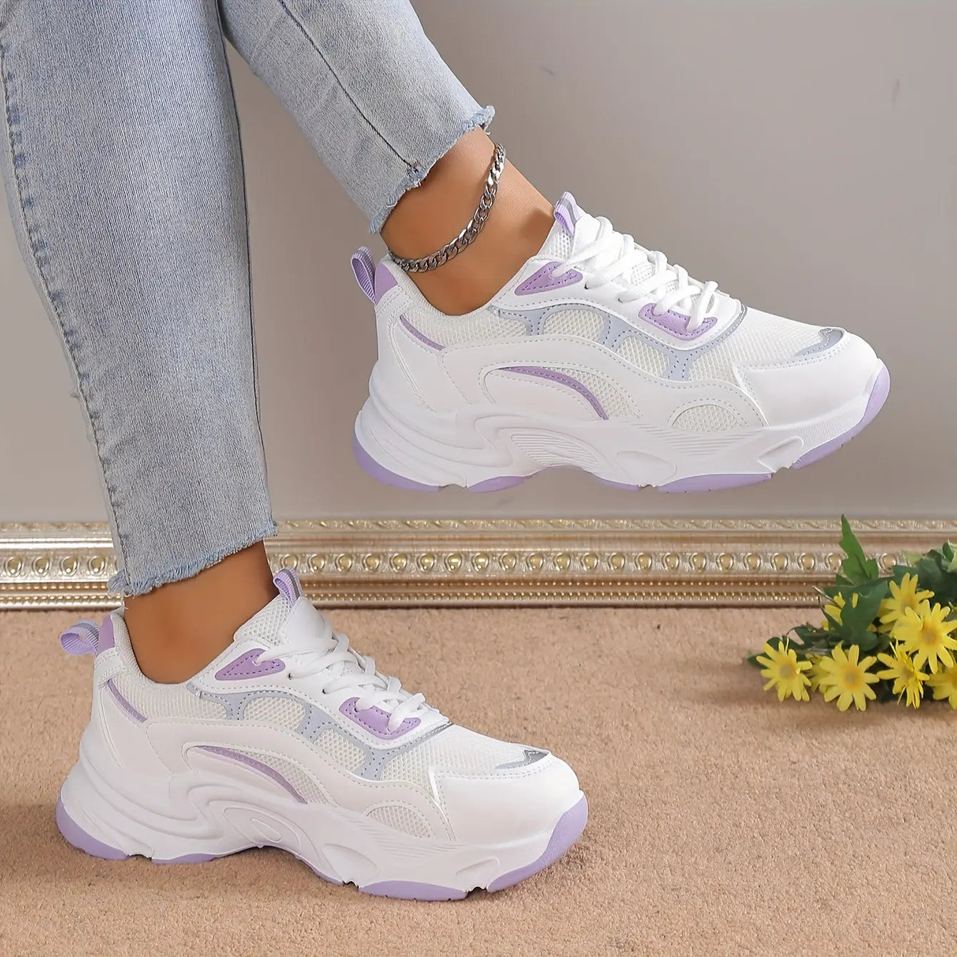 Women's Fashion Mesh Breathable Chunky Sneakers, Comfortable Thick Bottom Travel Walking Shoes - NEXTRENDBAHRAIN